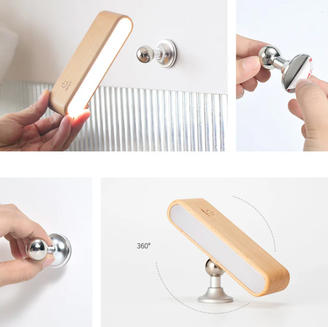 Schreibtischlampe aus Massivholz mit magnetischer Aufladung