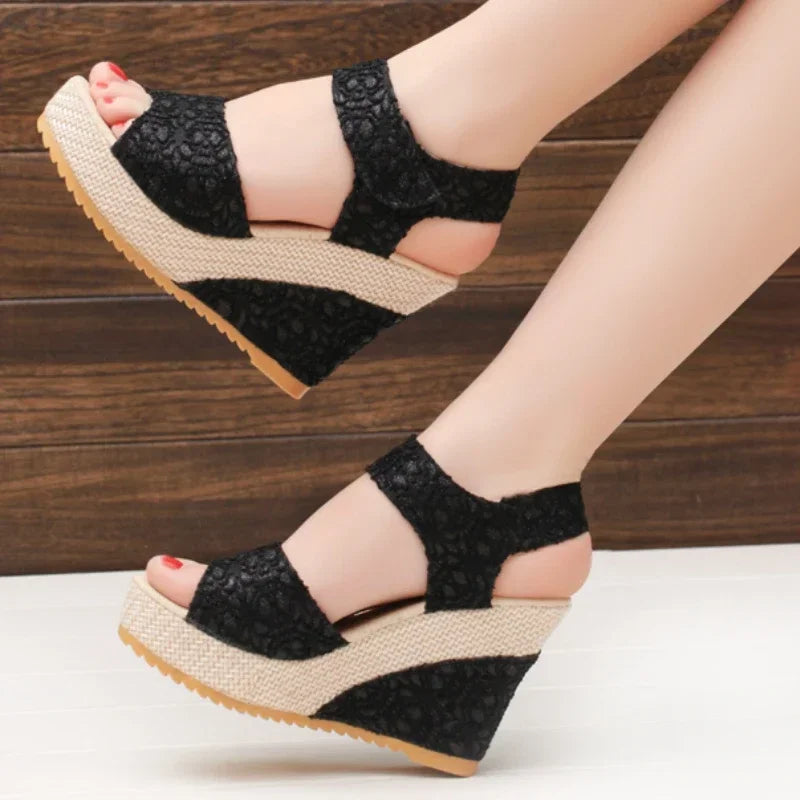 Keilabsatz Sandalen Mesh Peep Toe Plattform High Heel