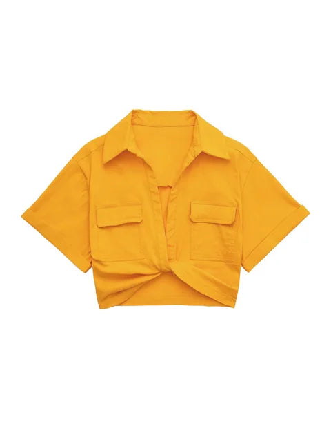 Hanneke | Damen Vintage Kurzarm Leinen Crop Bluse Shirt
