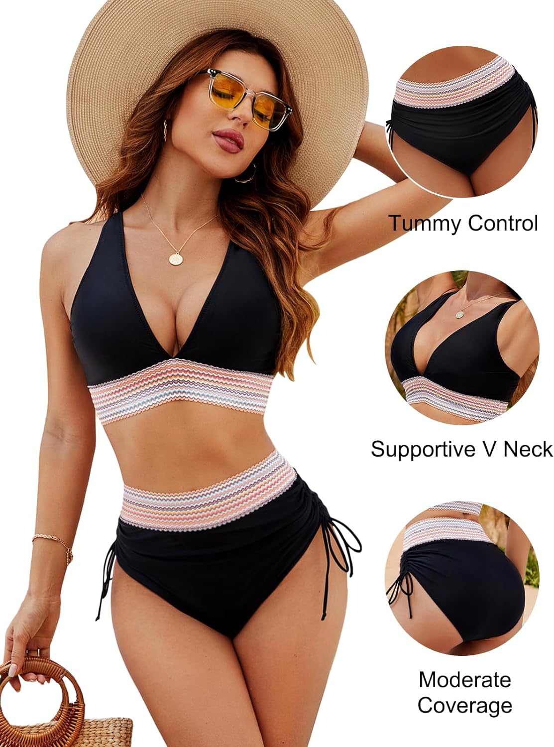 Farbblock-Bikini-Sets mit hoher Taille und Bauchkontrolle