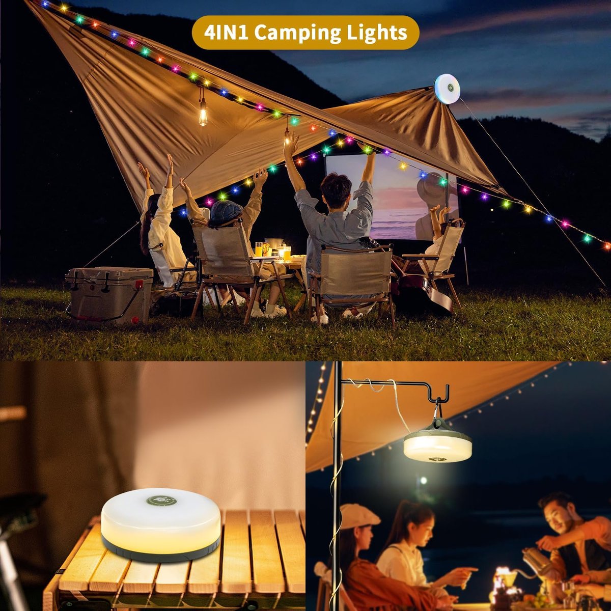 Multifunktionales 4-in-1 Campinglicht mit RGB-Lichterkette und integrierter Powerbank