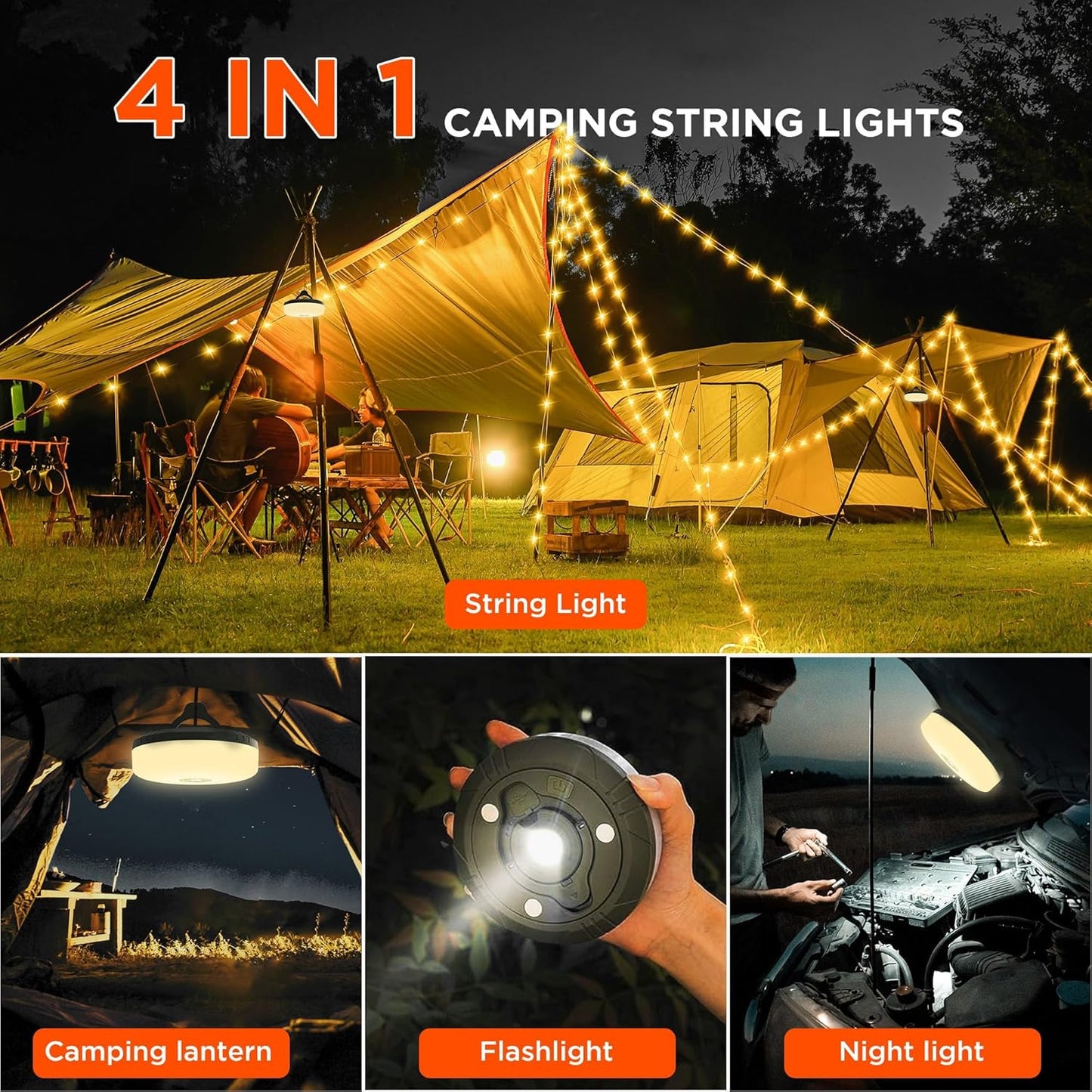 Multifunktionales 4-in-1 Campinglicht mit RGB-Lichterkette und integrierter Powerbank