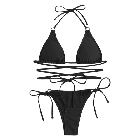 Frida | Geripptes Neckholder-Bikini-Set mit rückenfreiem Design und seitlich gebundenem Tanga