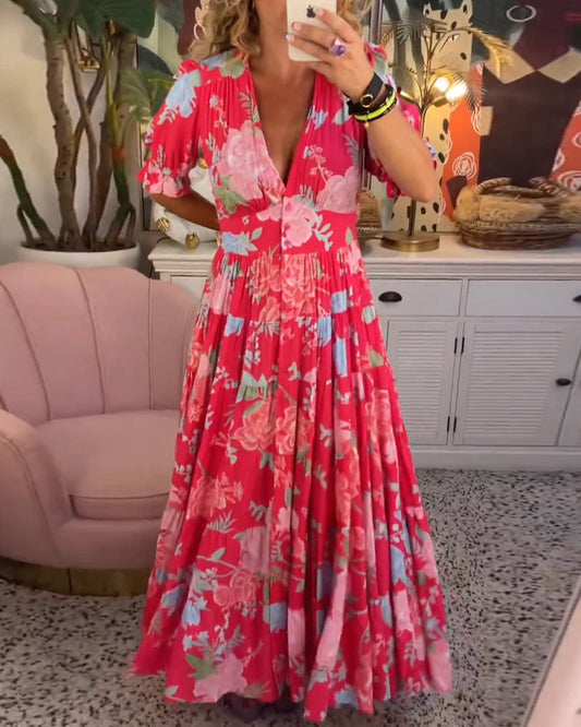 Kleid mit V-Ausschnitt und Tasche mit Blumendruck