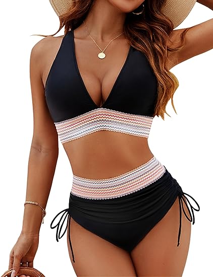 Farbblock-Bikini-Sets mit hoher Taille und Bauchkontrolle