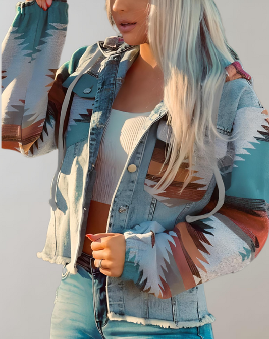 Cassandra | Mehrfarbige Kapuzenjacke im Denim-Stil