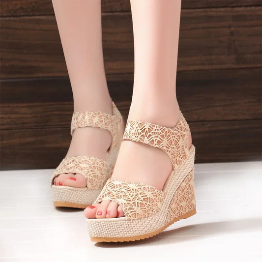 Keilabsatz Sandalen Mesh Peep Toe Plattform High Heel