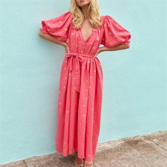 Eloise | Maxi-Tunika-Kleid mit Puffärmeln und Herzmotiven
