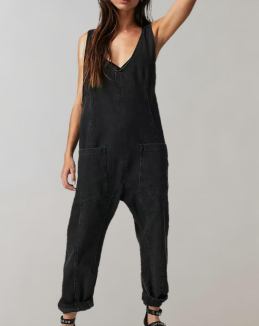 Keziah | Ärmelloser Jumpsuit aus Denim mit tiefem V-Ausschnitt und Hose mit mehreren Taschen