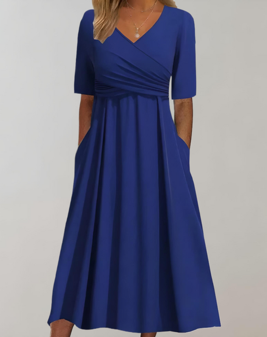 Maisie | Midikleid mit langen Ärmeln, überlappendem V-Ausschnitt und plissierten Details