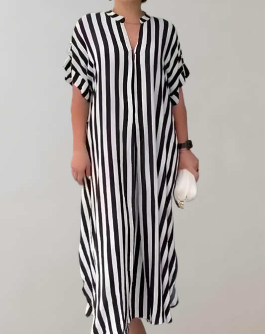 Nevaeh | Lockeres und bequemes schwarz-weiß gestreiftes Midikleid mit V-Ausschnitt