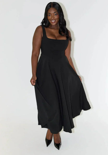 Midi-Kleid mit Hoher Taille und Quadrat-Ausschnitt
