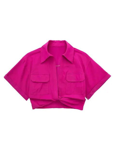 Hanneke | Damen Vintage Kurzarm Leinen Crop Bluse Shirt