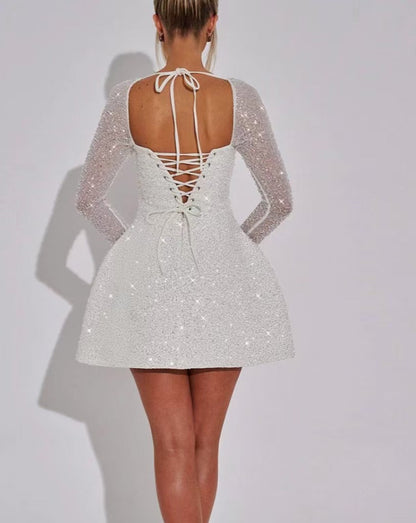 Sexy Low-Cut Hochtailliertes Spitzenärmel Kleid mit Stitching