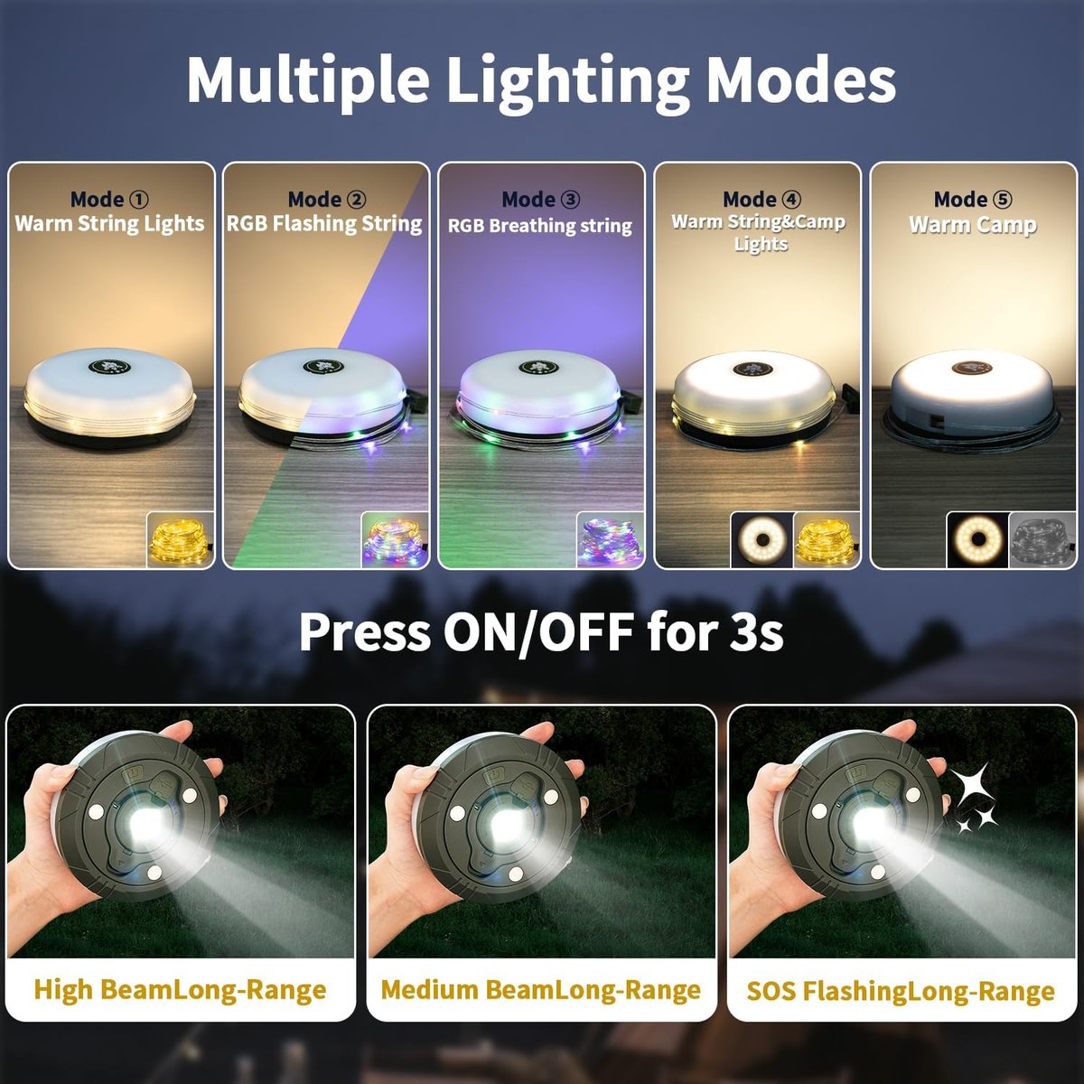 Multifunktionales 4-in-1 Campinglicht mit RGB-Lichterkette und integrierter Powerbank