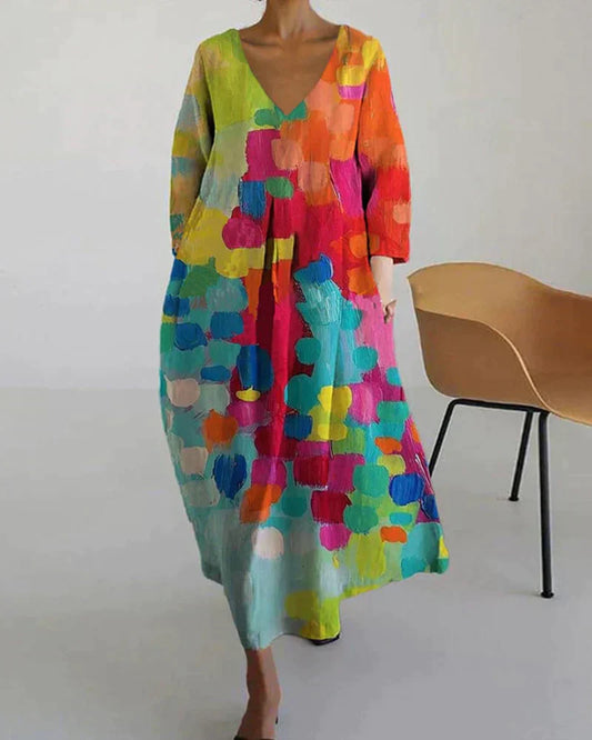 Bunt bedrucktes Kleid mit V-Ausschnitt | Carys