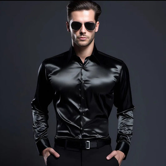 James | Business-Stil Seide blau glänzend Revers Herrenhemd